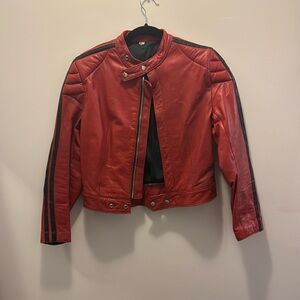 Red Leather Moto Jacket with Black Stripes